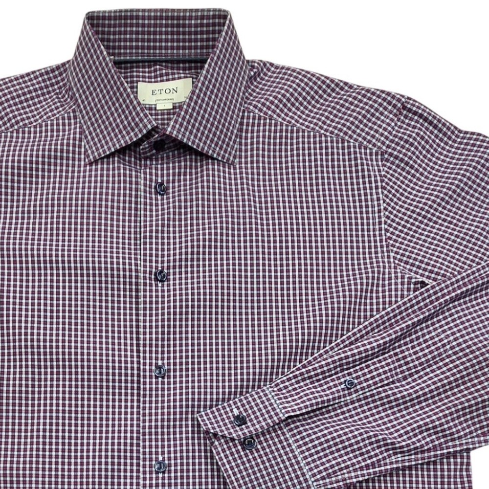 Eton Contemporary Fit Long Sleeve Shirt Blue Red Plaid Cotton Mens Large 41 16